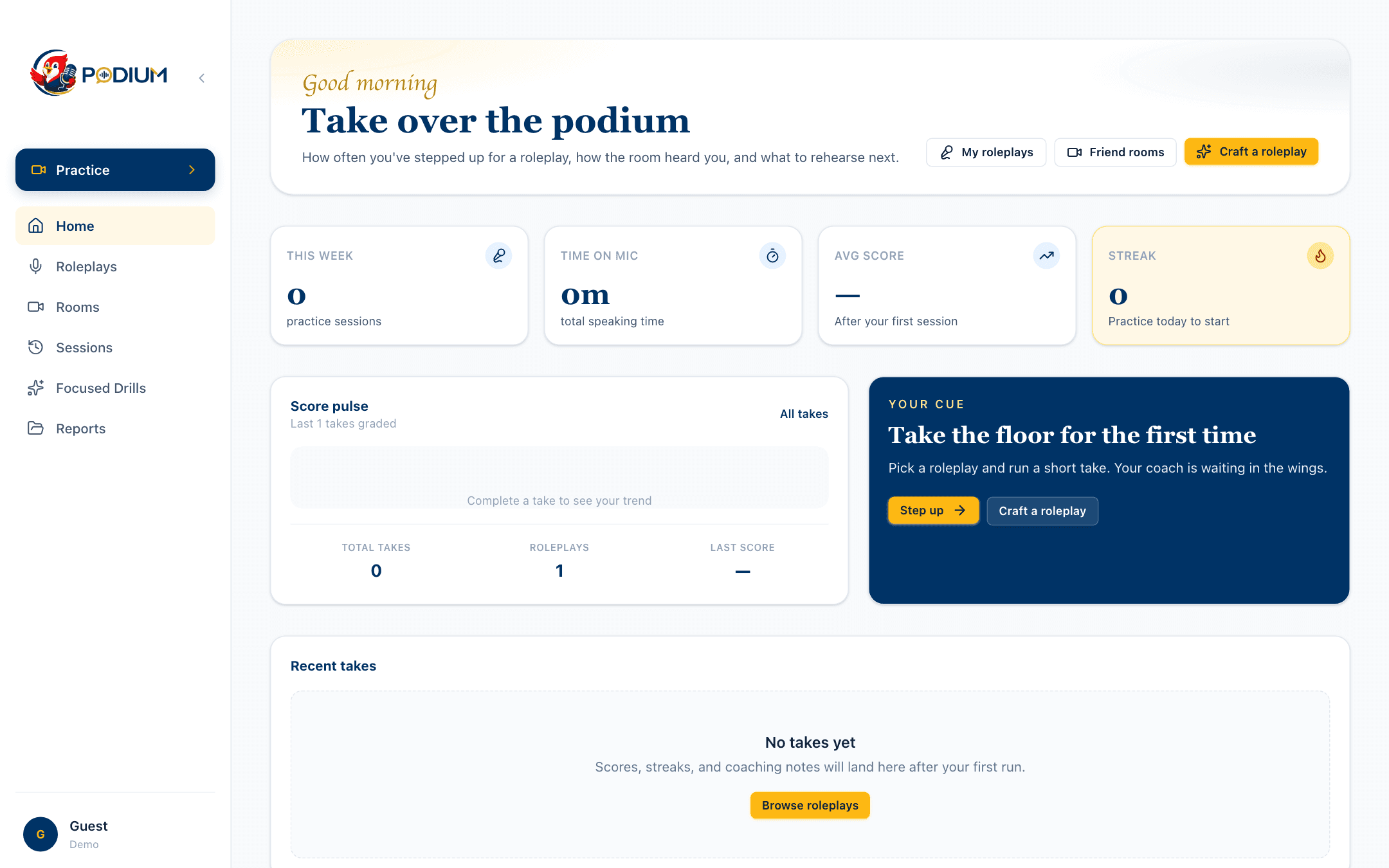 Podium home dashboard with practice stats and cues