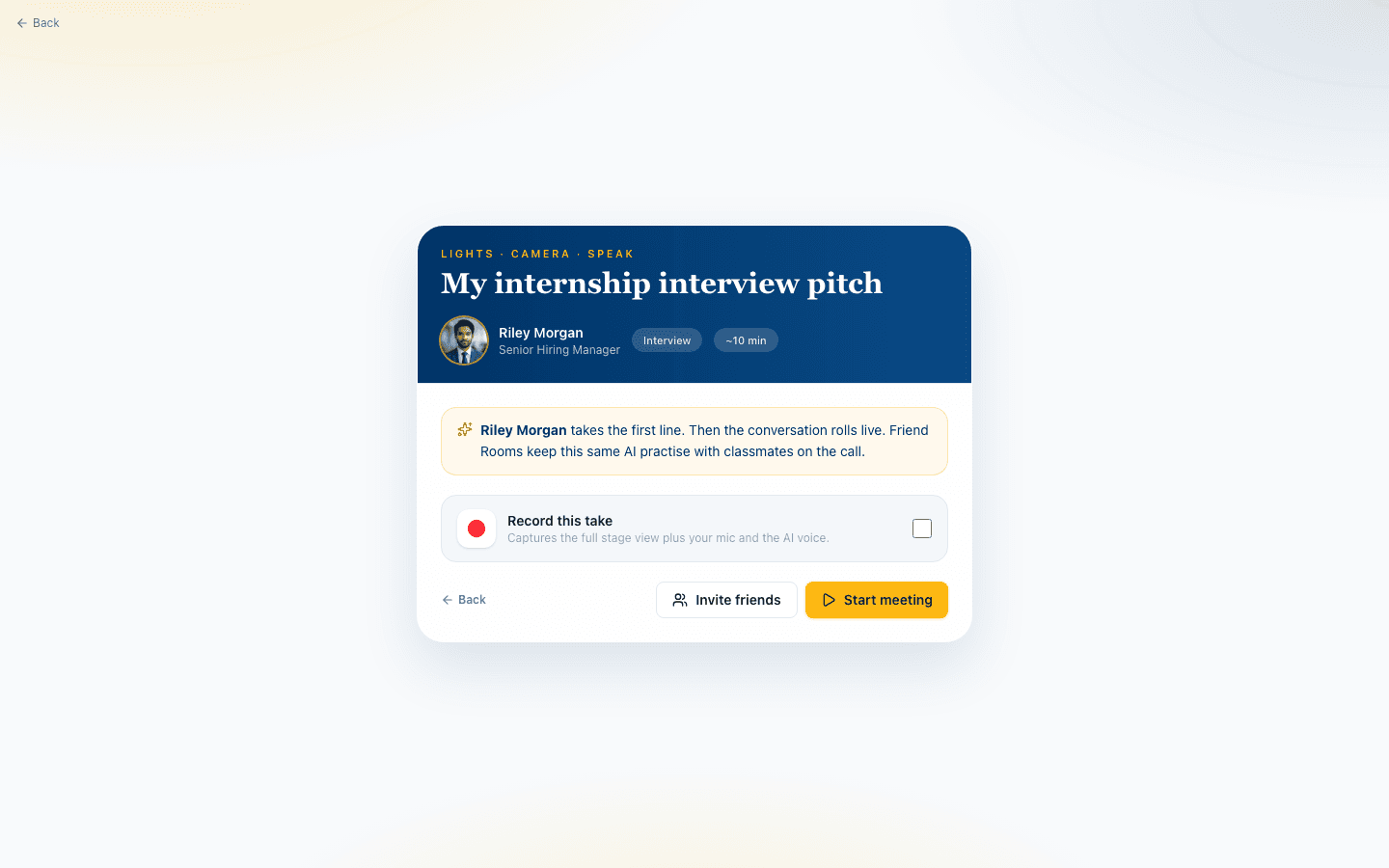 Podium practice lobby for an internship interview roleplay