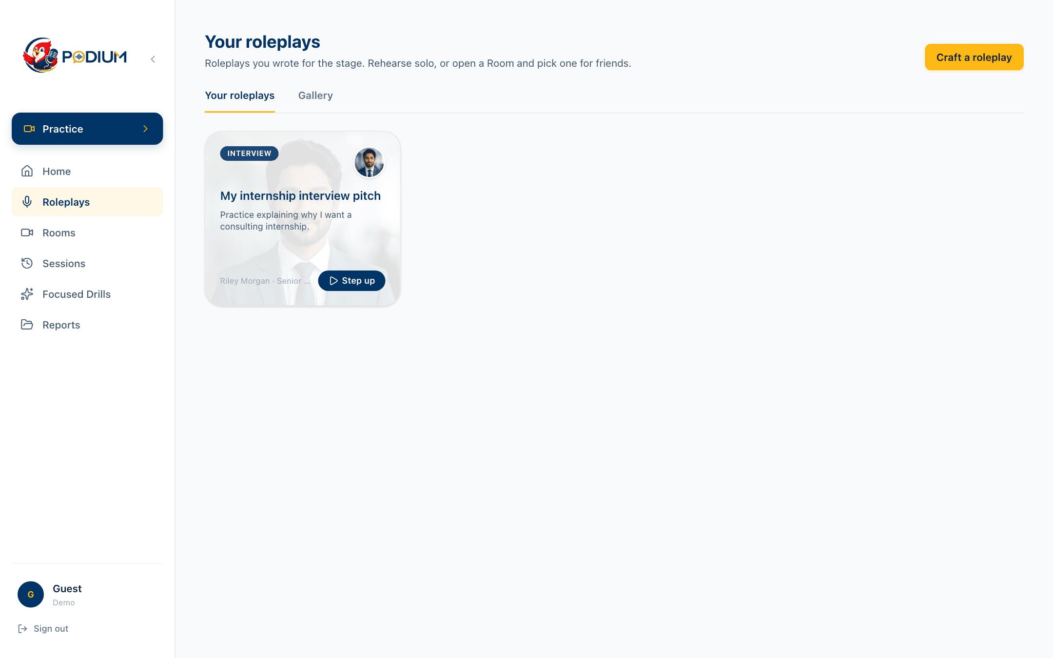 Roleplays library with an internship interview card